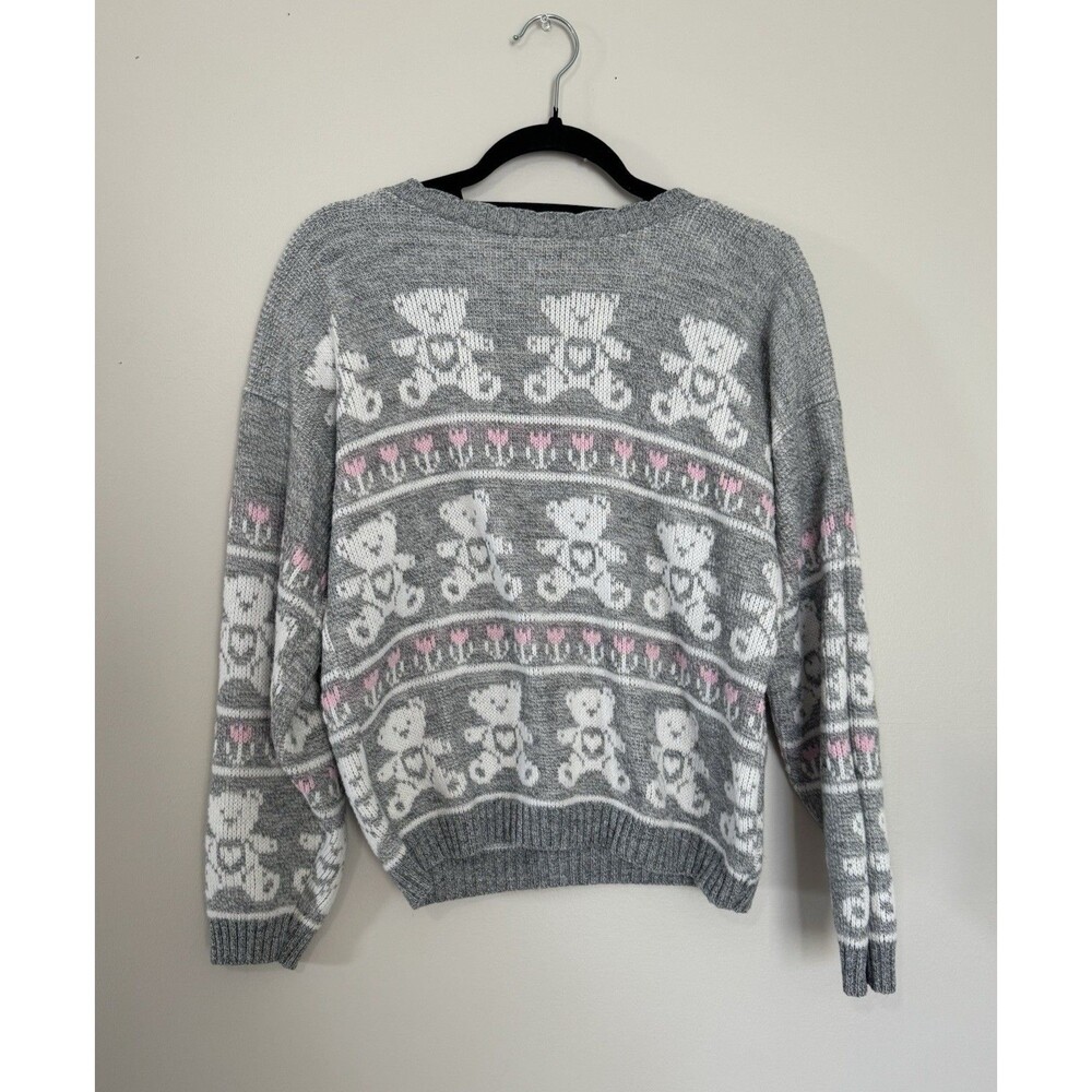 VTG 80s Adele Sweater Womens S/M Gray Pink Teddy Bears Granny-Core Made In USA